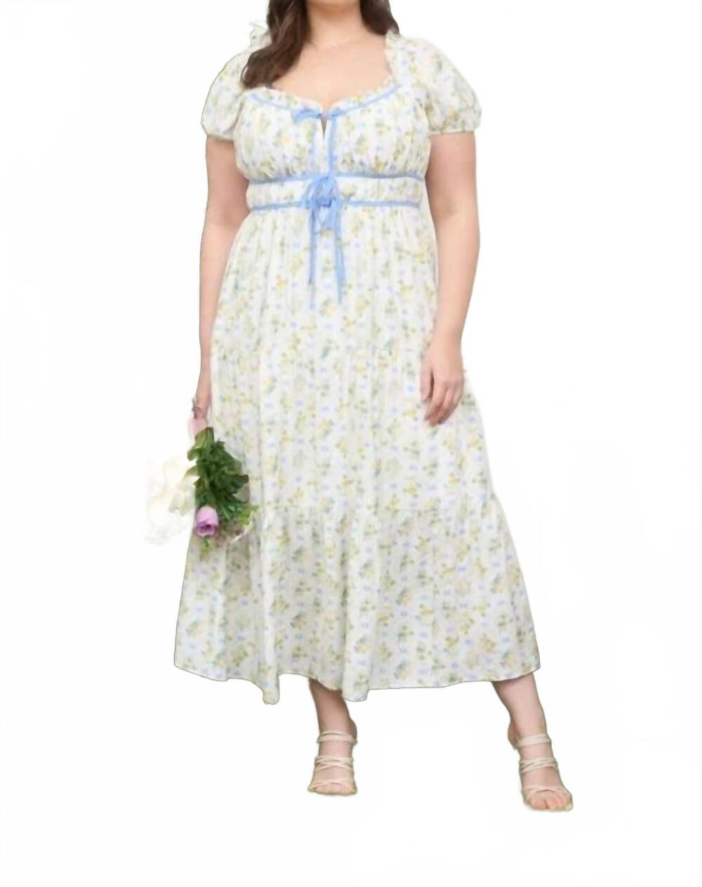 NEW MINE AND E&M floral tile print contrast tie midi dress - plus in blue